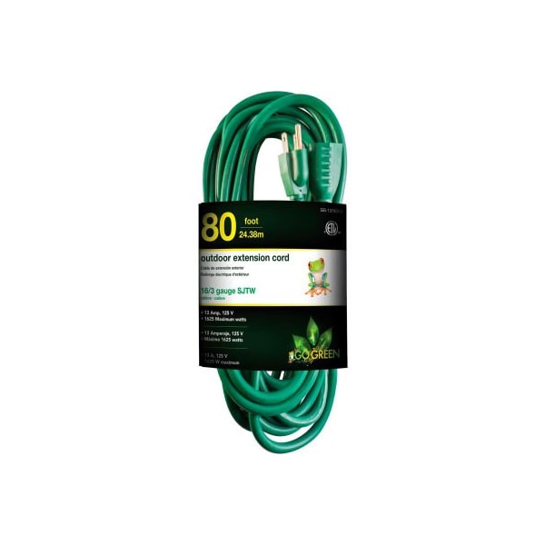 Gogreen SJTW Extension Cord, 16 AWG, Outdoor, 16/3, 1 Outlets, Green, 80 ft GG-13780GN - main